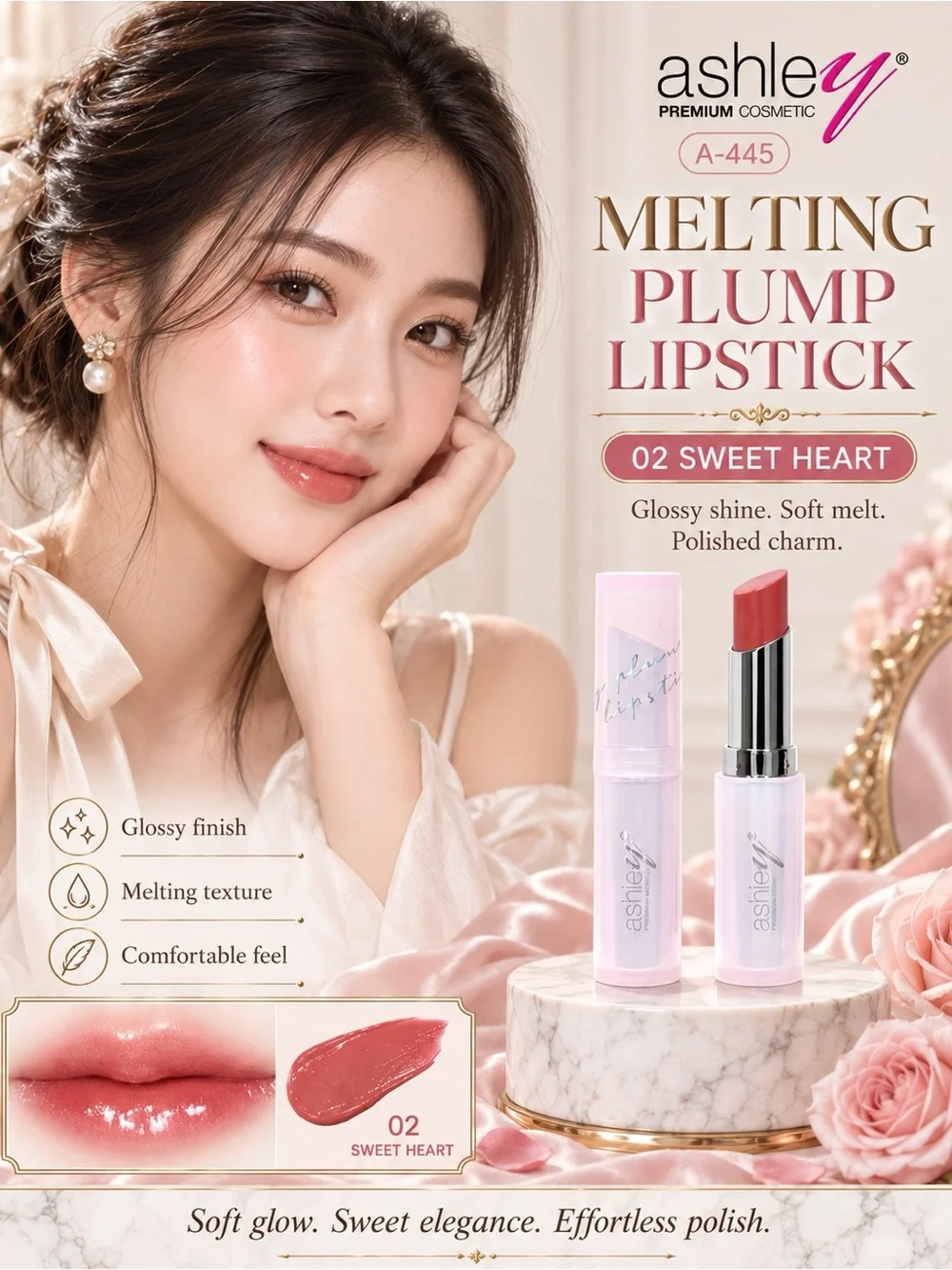 Ashley A-445 Melting Plump Lipstick 02 Sweet Heart | Thai T-Beauty